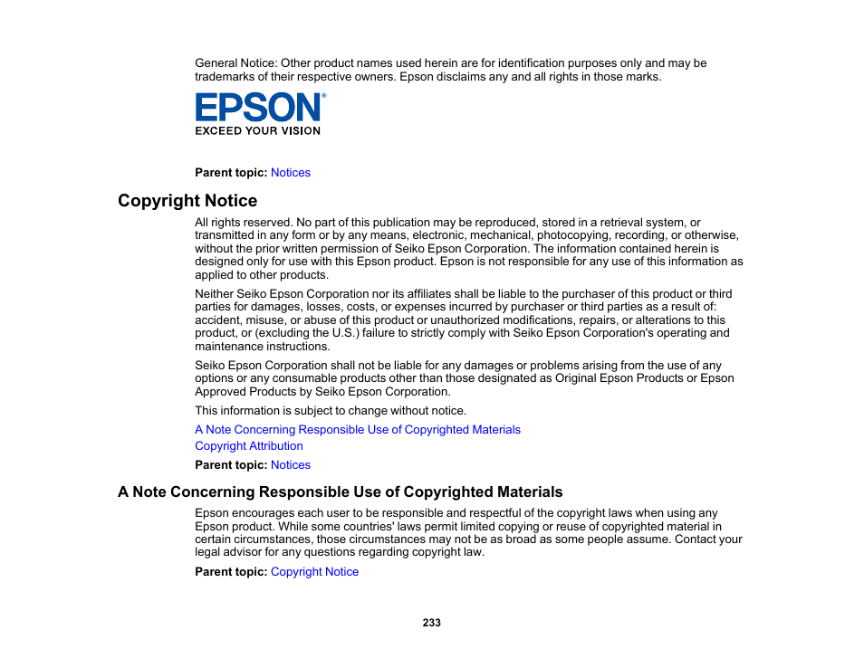 Copyright notice | Epson PowerLite 1288 4000-Lumen Full HD 3LCD Projector with Wi-Fi User Manual | Page 233 / 234