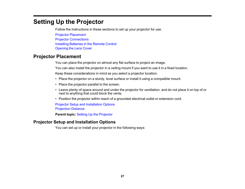 Setting up the projector, Projector placement, Projector setup and installation options | Epson PowerLite 1288 4000-Lumen Full HD 3LCD Projector with Wi-Fi User Manual | Page 27 / 234