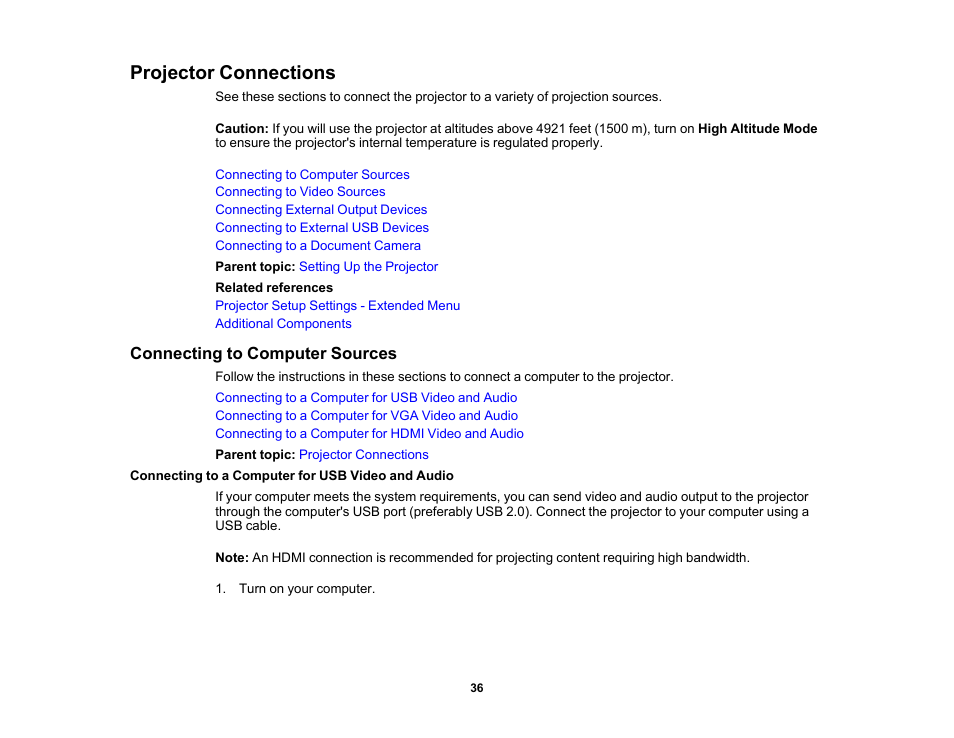 Projector connections, Connecting to computer sources, Connecting to a computer for usb video and audio | Epson PowerLite 1288 4000-Lumen Full HD 3LCD Projector with Wi-Fi User Manual | Page 36 / 234