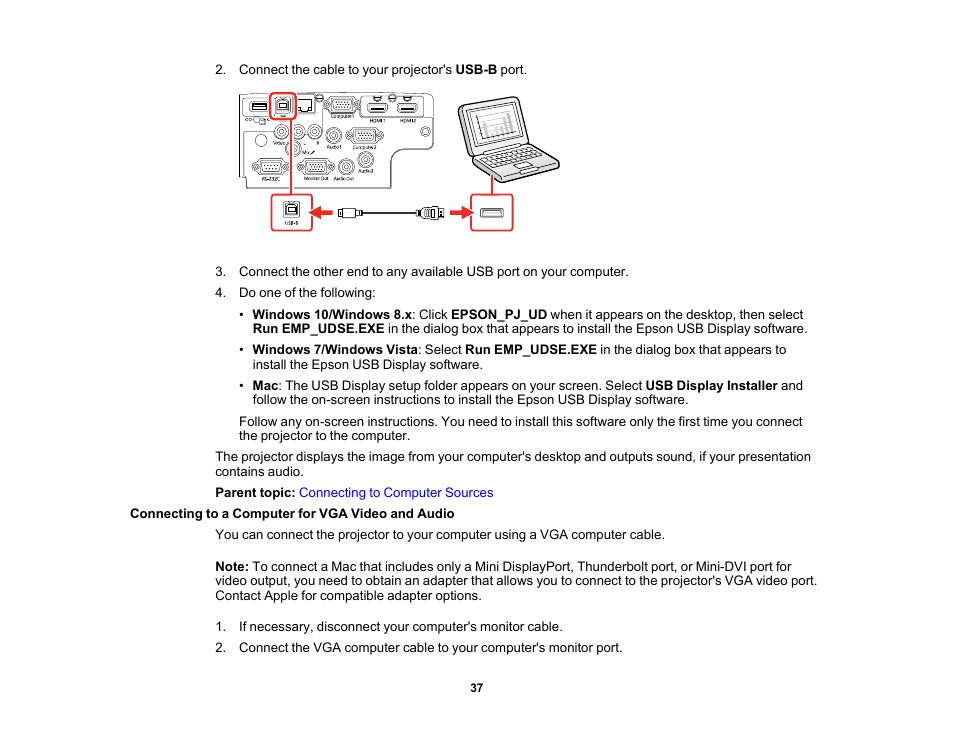 Connecting to a computer for vga video and audio | Epson PowerLite 1288 4000-Lumen Full HD 3LCD Projector with Wi-Fi User Manual | Page 37 / 234