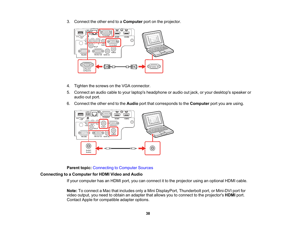 Connecting to a computer for hdmi video and audio | Epson PowerLite 1288 4000-Lumen Full HD 3LCD Projector with Wi-Fi User Manual | Page 38 / 234