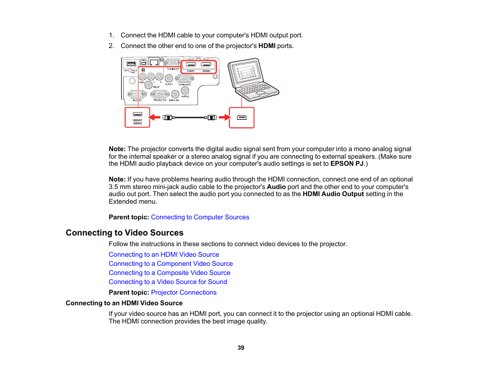 Connecting to video sources, Connecting to an hdmi video source | Epson PowerLite 1288 4000-Lumen Full HD 3LCD Projector with Wi-Fi User Manual | Page 39 / 234