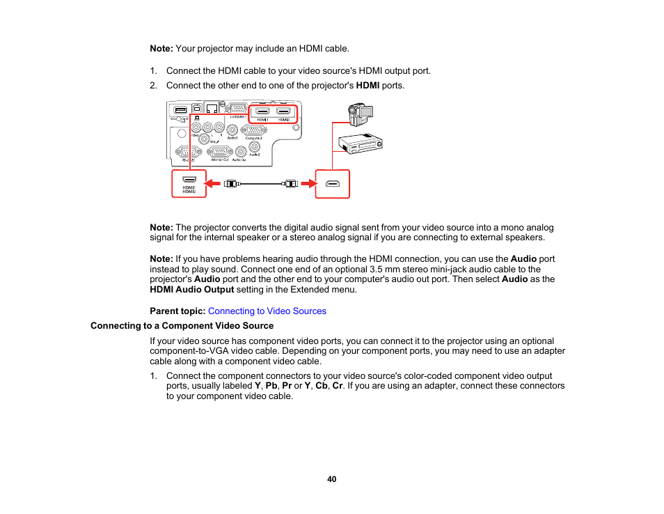 Connecting to a component video source | Epson PowerLite 1288 4000-Lumen Full HD 3LCD Projector with Wi-Fi User Manual | Page 40 / 234