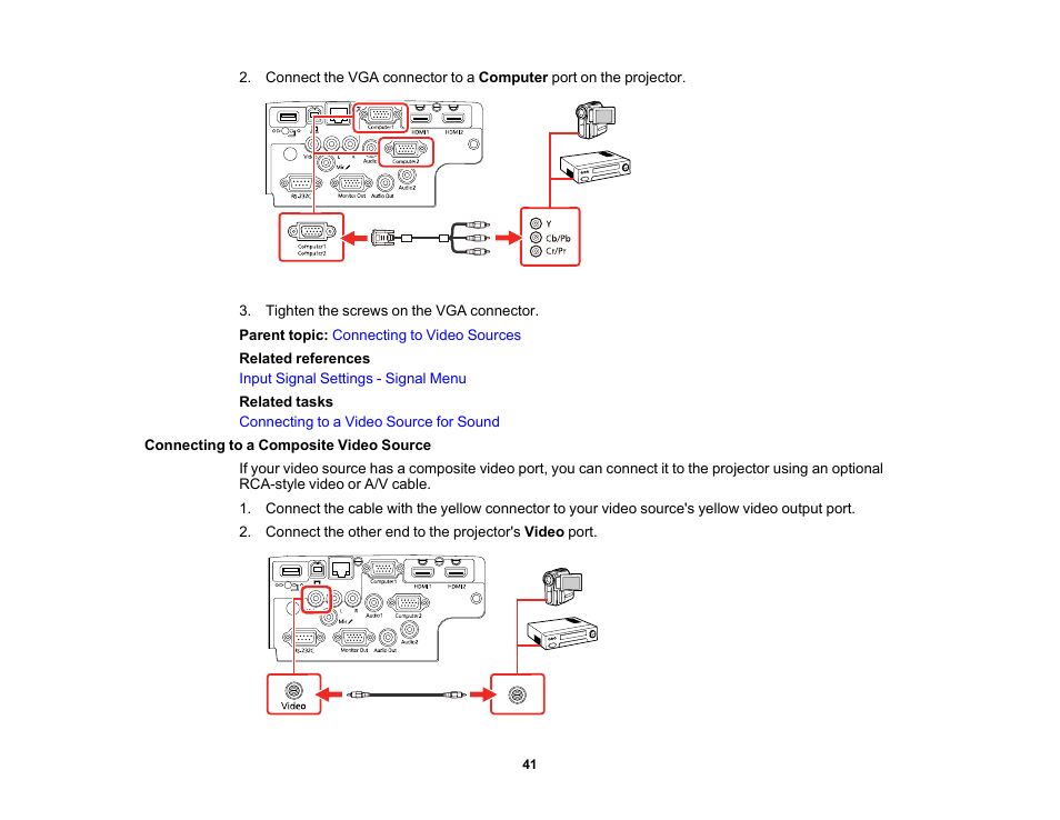 Connecting to a composite video source | Epson PowerLite 1288 4000-Lumen Full HD 3LCD Projector with Wi-Fi User Manual | Page 41 / 234