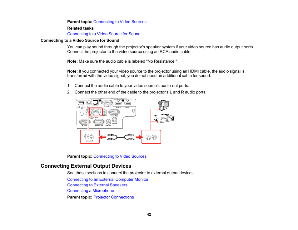 Connecting to a video source for sound, Connecting external output devices | Epson PowerLite 1288 4000-Lumen Full HD 3LCD Projector with Wi-Fi User Manual | Page 42 / 234