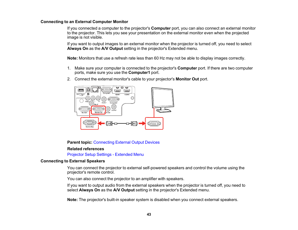 Connecting to an external computer monitor, Connecting to external speakers | Epson PowerLite 1288 4000-Lumen Full HD 3LCD Projector with Wi-Fi User Manual | Page 43 / 234