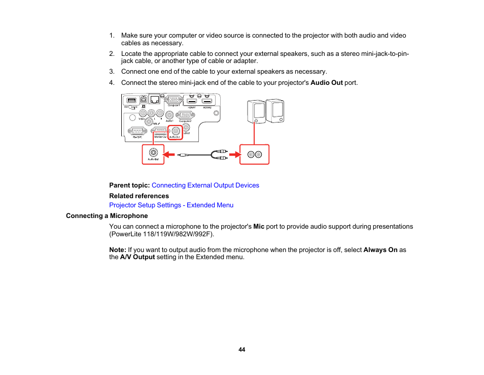 Connecting a microphone | Epson PowerLite 1288 4000-Lumen Full HD 3LCD Projector with Wi-Fi User Manual | Page 44 / 234