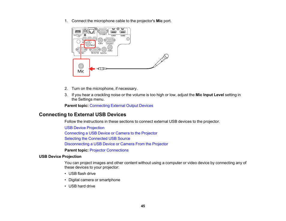 Connecting to external usb devices, Usb device projection | Epson PowerLite 1288 4000-Lumen Full HD 3LCD Projector with Wi-Fi User Manual | Page 45 / 234