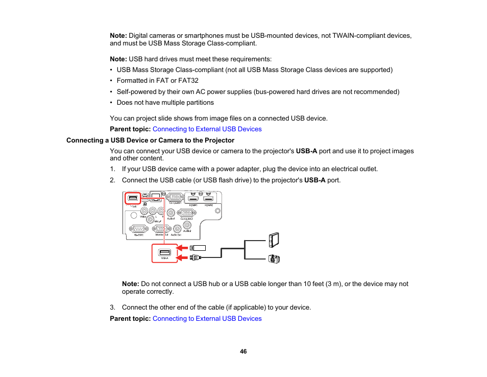 Connecting a usb device or camera to the projector | Epson PowerLite 1288 4000-Lumen Full HD 3LCD Projector with Wi-Fi User Manual | Page 46 / 234