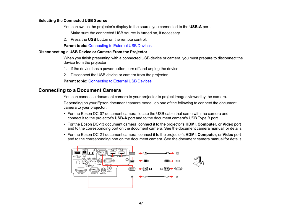 Selecting the connected usb source, Connecting to a document camera | Epson PowerLite 1288 4000-Lumen Full HD 3LCD Projector with Wi-Fi User Manual | Page 47 / 234