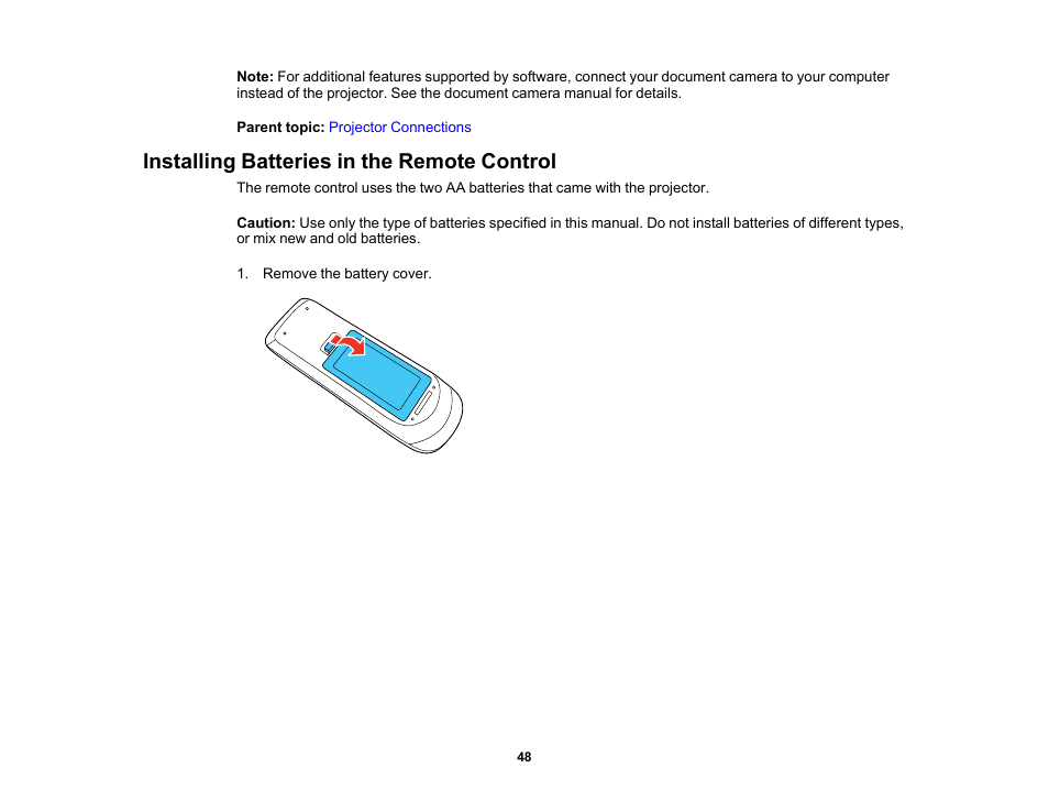 Installing batteries in the remote control | Epson PowerLite 1288 4000-Lumen Full HD 3LCD Projector with Wi-Fi User Manual | Page 48 / 234