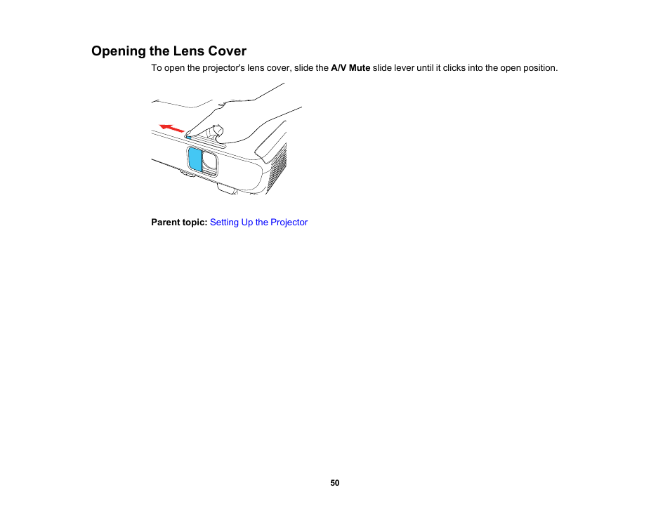 Opening the lens cover | Epson PowerLite 1288 4000-Lumen Full HD 3LCD Projector with Wi-Fi User Manual | Page 50 / 234