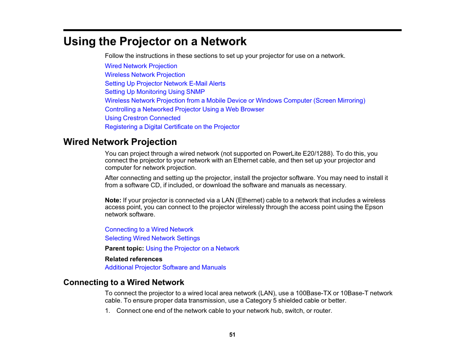 Using the projector on a network, Wired network projection, Connecting to a wired network | Epson PowerLite 1288 4000-Lumen Full HD 3LCD Projector with Wi-Fi User Manual | Page 51 / 234