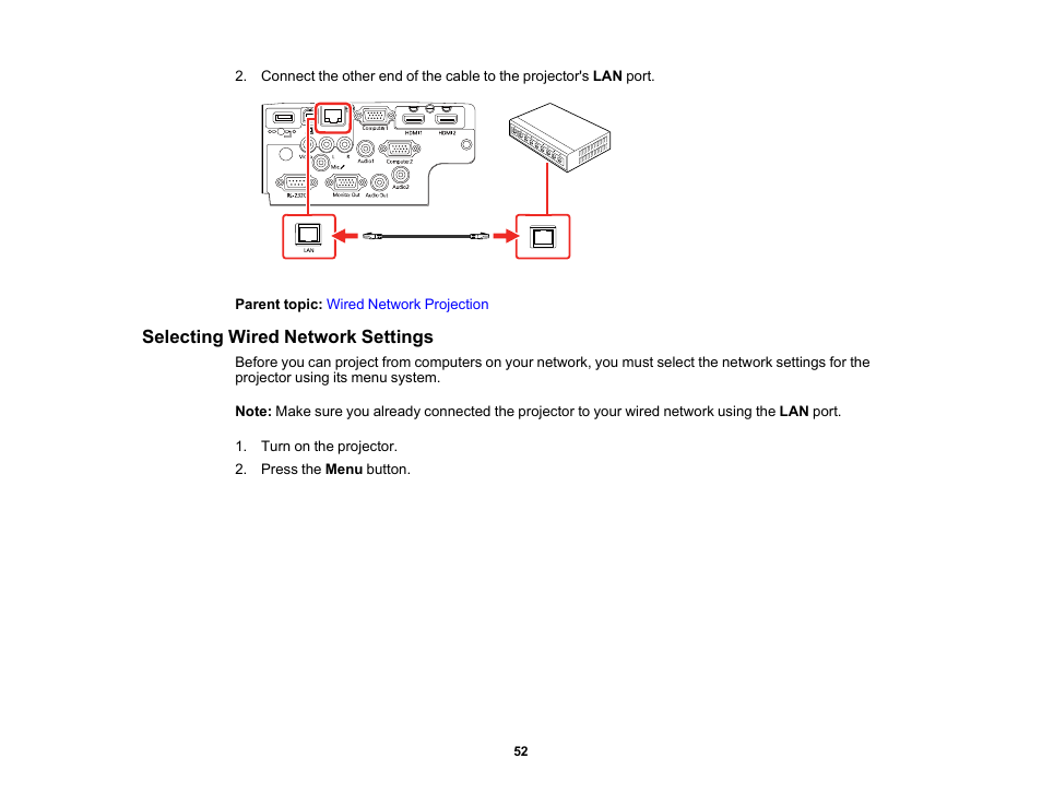 Selecting wired network settings | Epson PowerLite 1288 4000-Lumen Full HD 3LCD Projector with Wi-Fi User Manual | Page 52 / 234