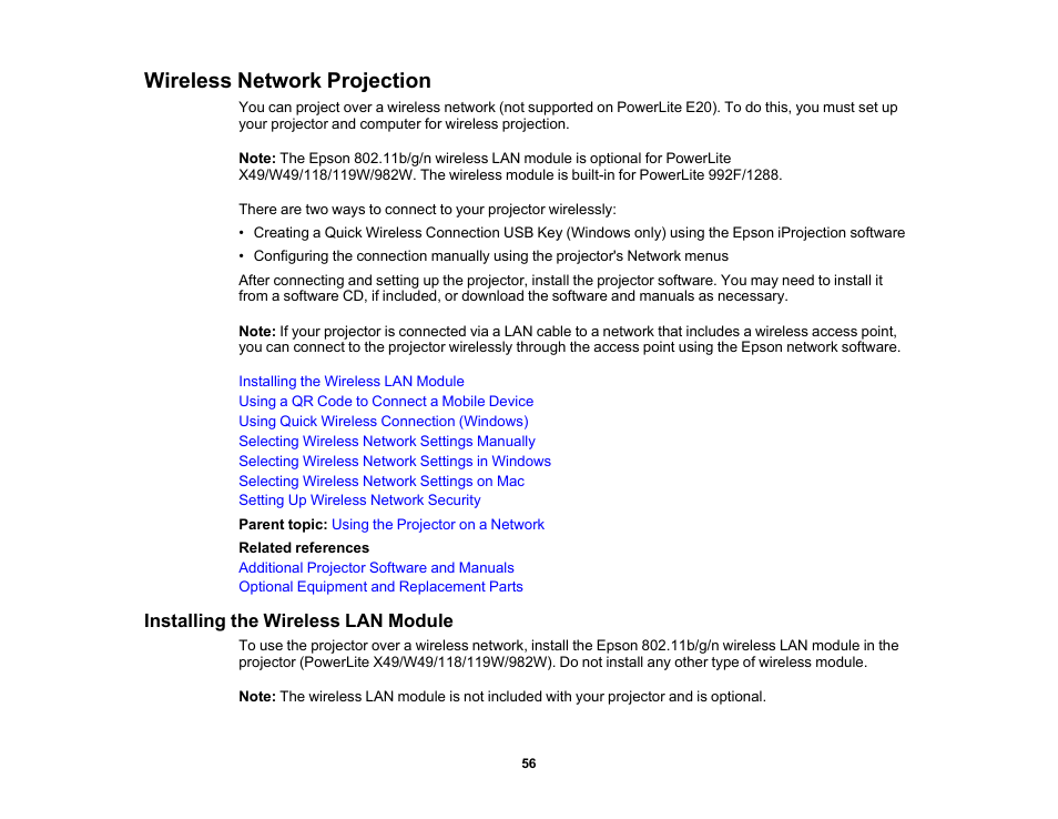 Wireless network projection, Installing the wireless lan module | Epson PowerLite 1288 4000-Lumen Full HD 3LCD Projector with Wi-Fi User Manual | Page 56 / 234