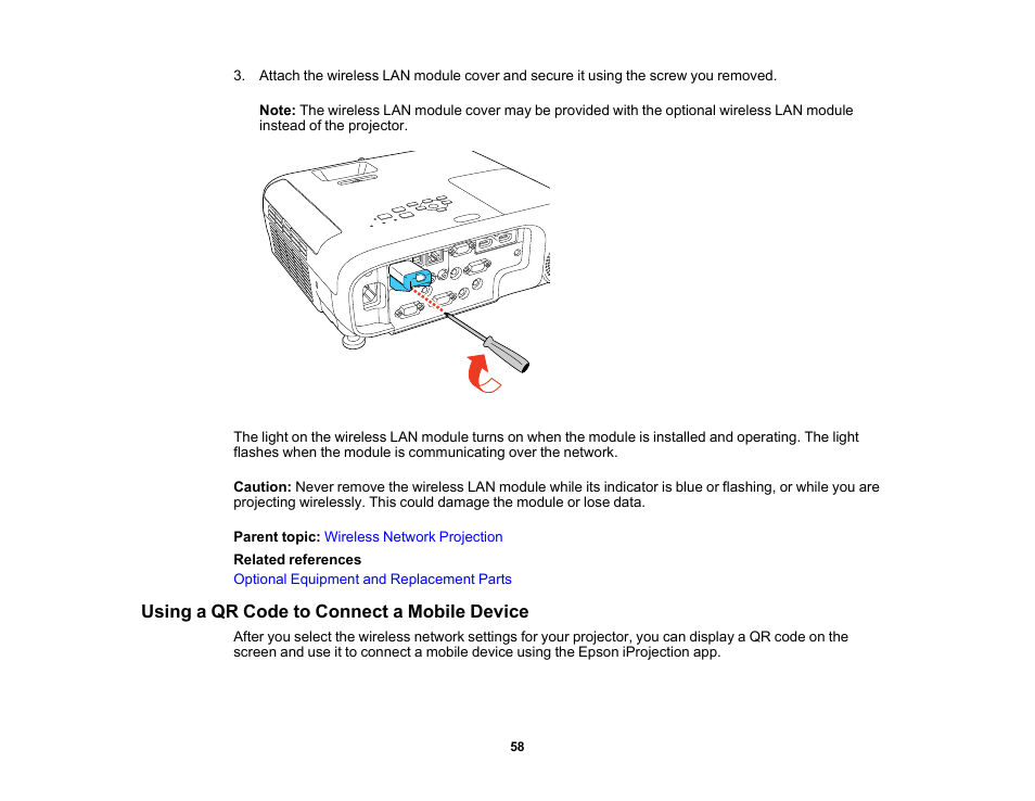 Using a qr code to connect a mobile device | Epson PowerLite 1288 4000-Lumen Full HD 3LCD Projector with Wi-Fi User Manual | Page 58 / 234