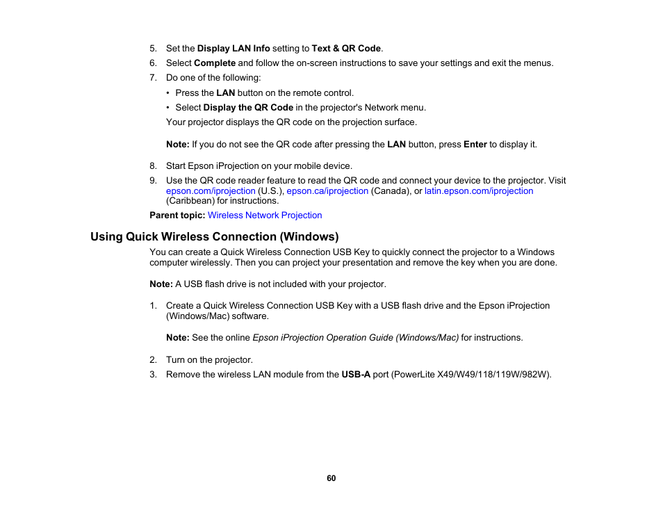 Using quick wireless connection (windows) | Epson PowerLite 1288 4000-Lumen Full HD 3LCD Projector with Wi-Fi User Manual | Page 60 / 234