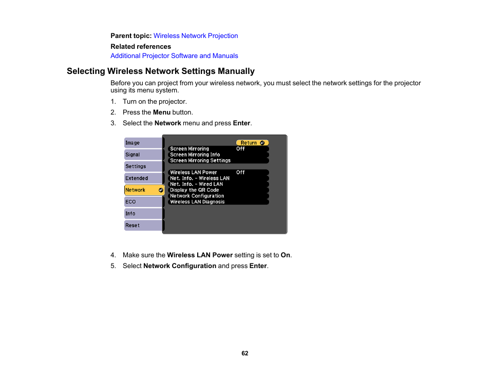 Selecting wireless network settings manually | Epson PowerLite 1288 4000-Lumen Full HD 3LCD Projector with Wi-Fi User Manual | Page 62 / 234