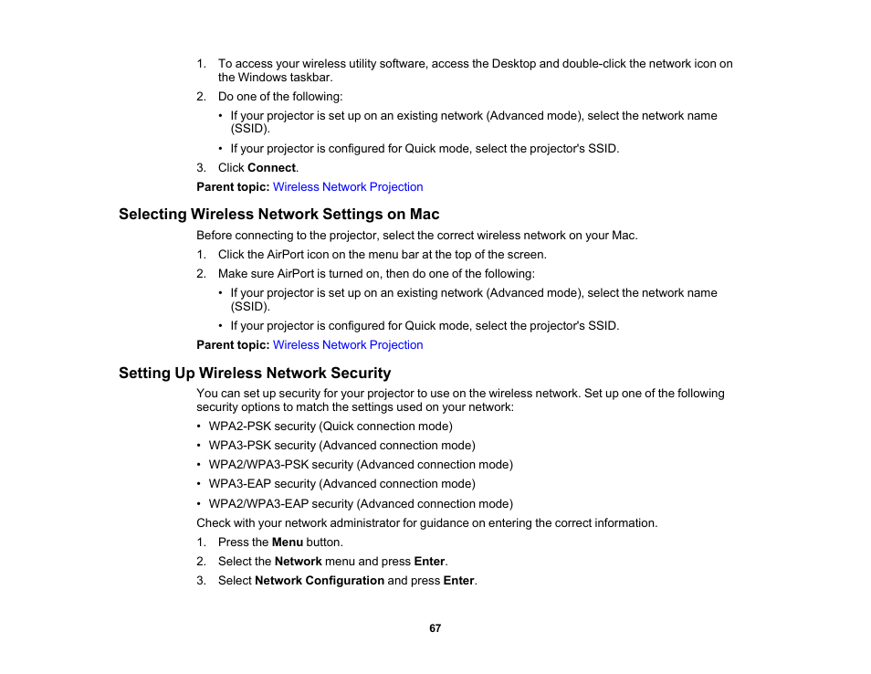 Selecting wireless network settings on mac, Setting up wireless network security | Epson PowerLite 1288 4000-Lumen Full HD 3LCD Projector with Wi-Fi User Manual | Page 67 / 234