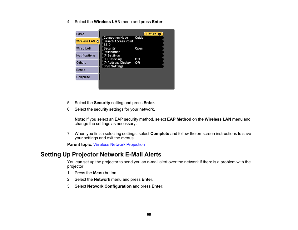 Setting up projector network e-mail alerts | Epson PowerLite 1288 4000-Lumen Full HD 3LCD Projector with Wi-Fi User Manual | Page 68 / 234