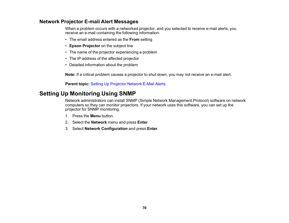 Network projector e-mail alert messages, Setting up monitoring using snmp | Epson PowerLite 1288 4000-Lumen Full HD 3LCD Projector with Wi-Fi User Manual | Page 70 / 234