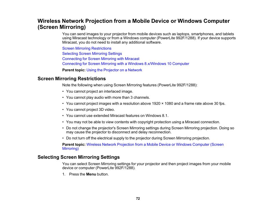 Screen mirroring restrictions, Selecting screen mirroring settings | Epson PowerLite 1288 4000-Lumen Full HD 3LCD Projector with Wi-Fi User Manual | Page 72 / 234