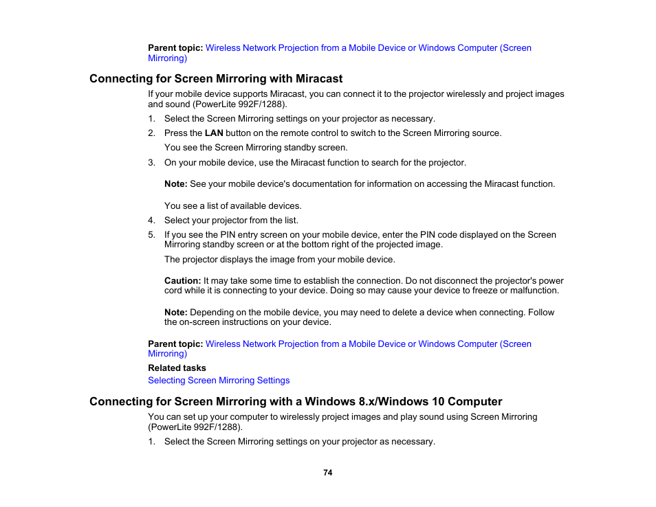 Connecting for screen mirroring with miracast | Epson PowerLite 1288 4000-Lumen Full HD 3LCD Projector with Wi-Fi User Manual | Page 74 / 234