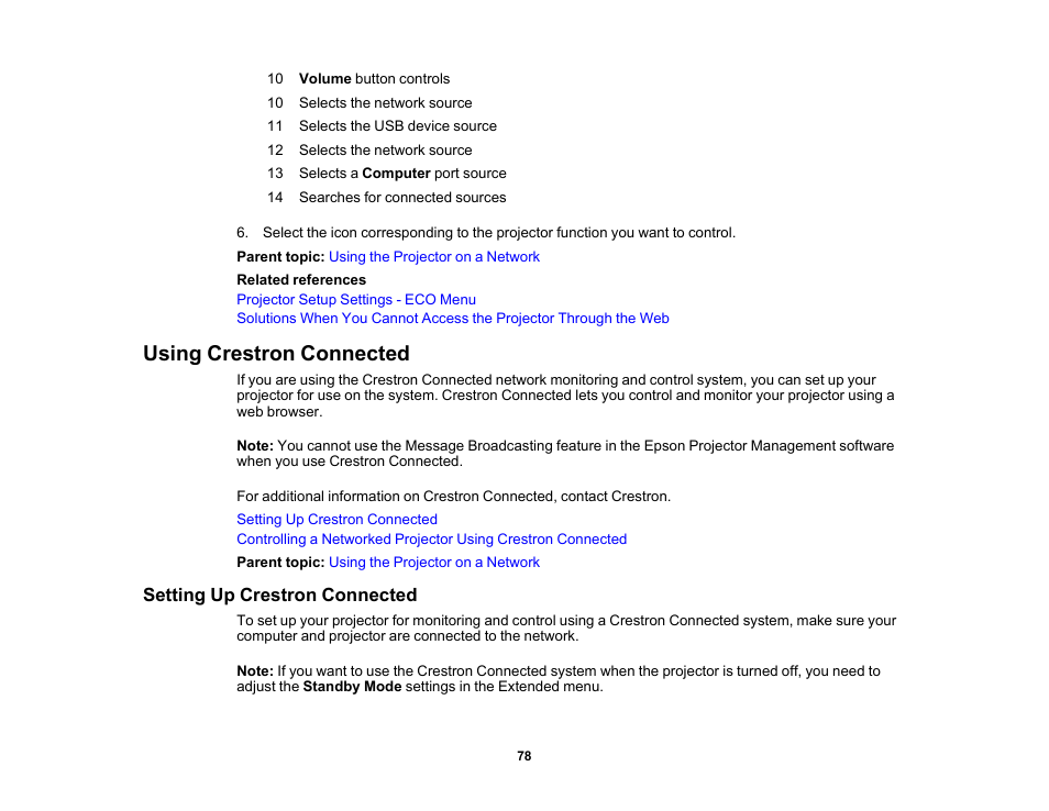 Using crestron connected, Setting up crestron connected | Epson PowerLite 1288 4000-Lumen Full HD 3LCD Projector with Wi-Fi User Manual | Page 78 / 234