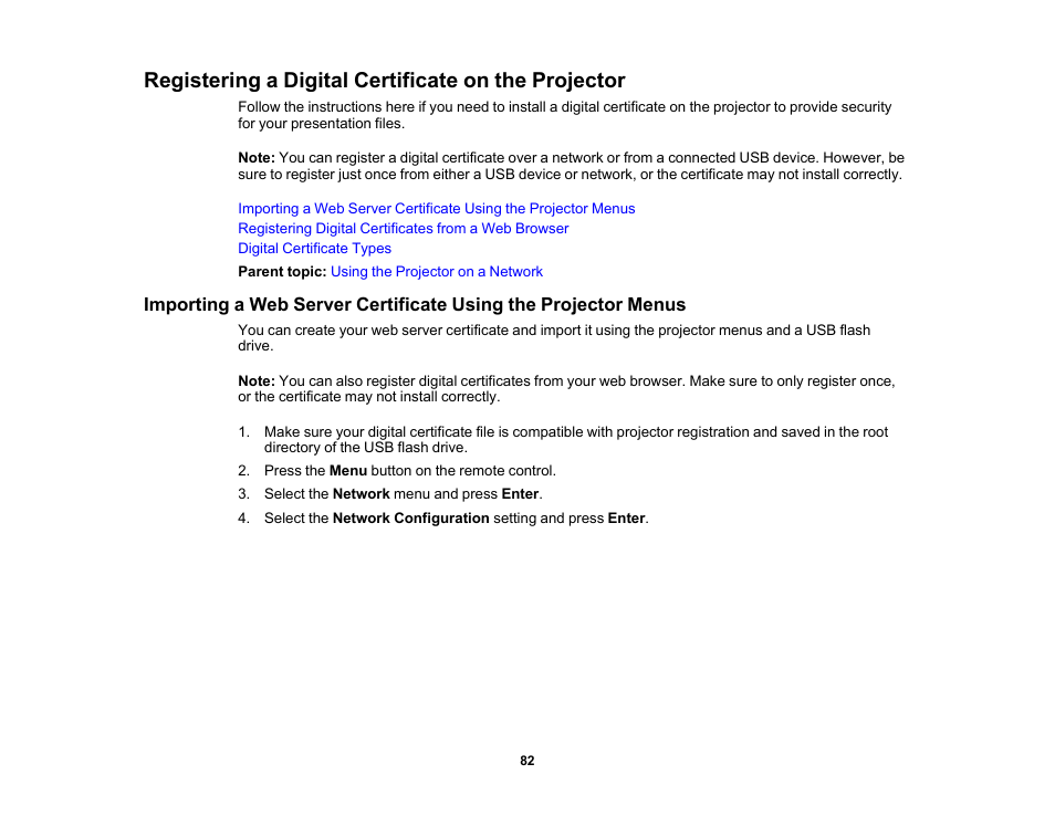 Registering a digital certificate on the projector | Epson PowerLite 1288 4000-Lumen Full HD 3LCD Projector with Wi-Fi User Manual | Page 82 / 234