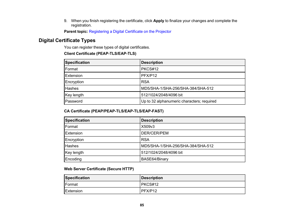 Digital certificate types | Epson PowerLite 1288 4000-Lumen Full HD 3LCD Projector with Wi-Fi User Manual | Page 85 / 234