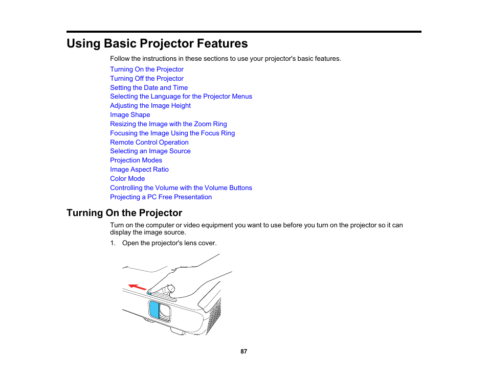 Using basic projector features, Turning on the projector | Epson PowerLite 1288 4000-Lumen Full HD 3LCD Projector with Wi-Fi User Manual | Page 87 / 234