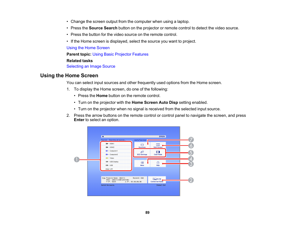 Using the home screen | Epson PowerLite 1288 4000-Lumen Full HD 3LCD Projector with Wi-Fi User Manual | Page 89 / 234