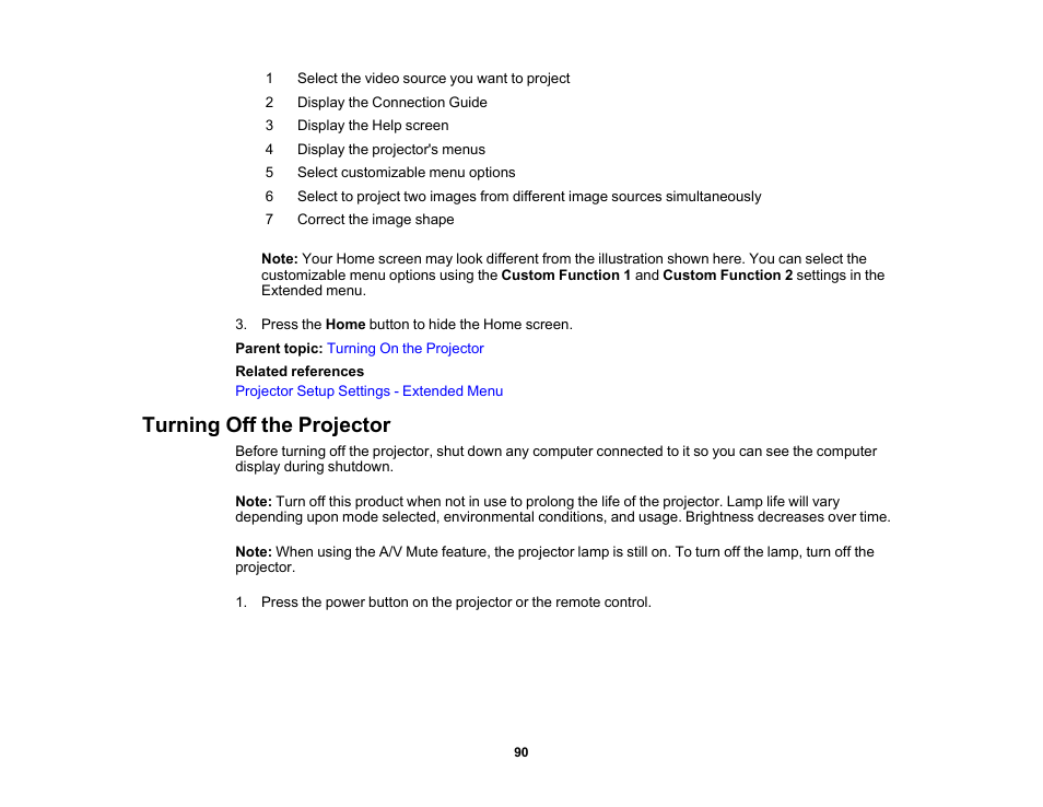 Turning off the projector | Epson PowerLite 1288 4000-Lumen Full HD 3LCD Projector with Wi-Fi User Manual | Page 90 / 234