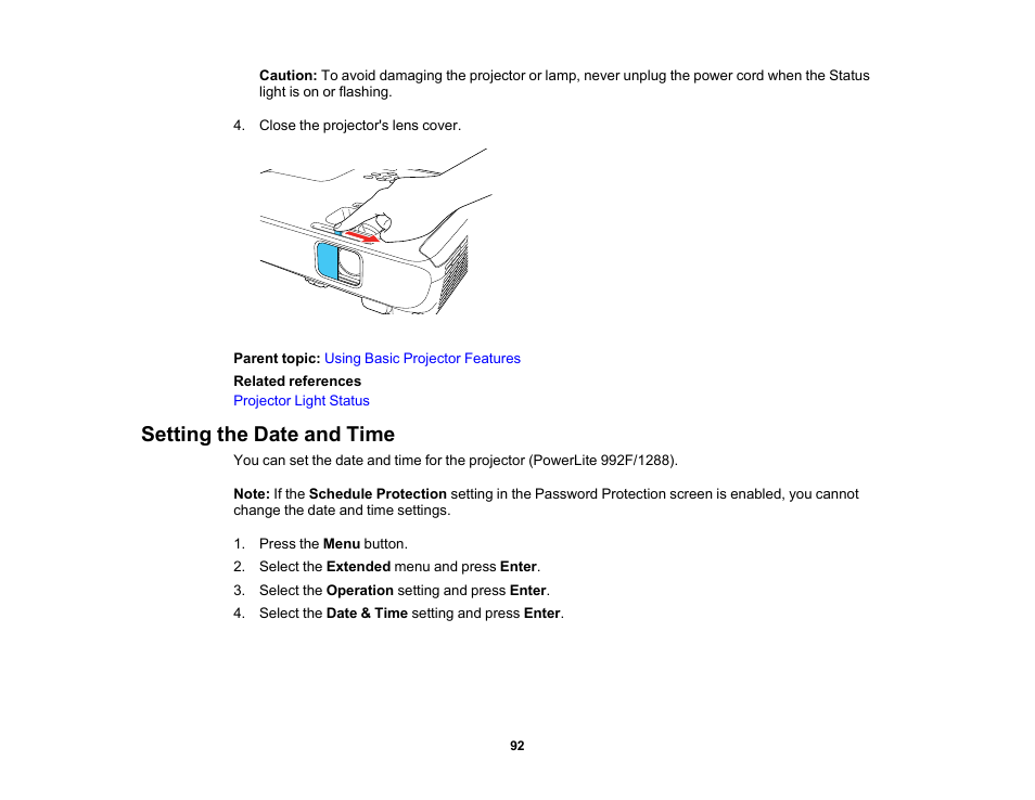 Setting the date and time | Epson PowerLite 1288 4000-Lumen Full HD 3LCD Projector with Wi-Fi User Manual | Page 92 / 234