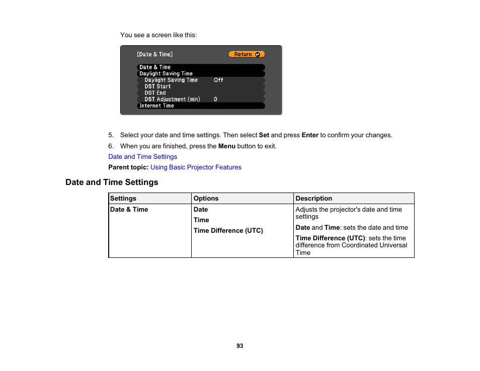 Date and time settings | Epson PowerLite 1288 4000-Lumen Full HD 3LCD Projector with Wi-Fi User Manual | Page 93 / 234