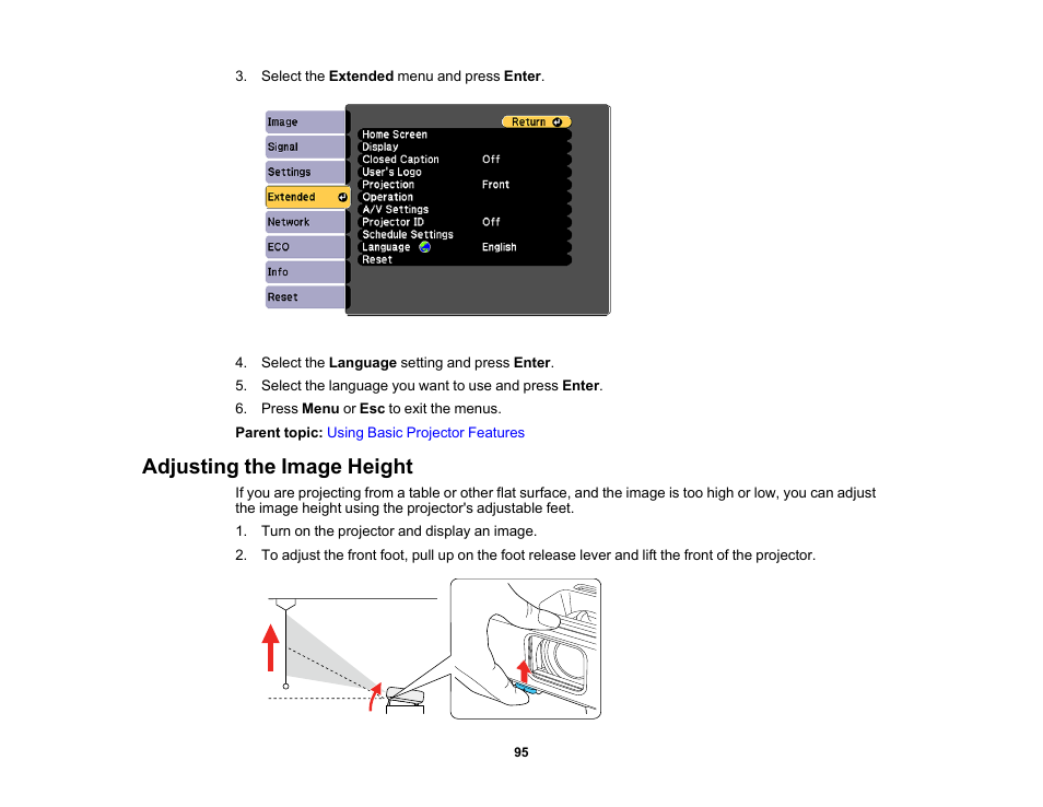 Adjusting the image height | Epson PowerLite 1288 4000-Lumen Full HD 3LCD Projector with Wi-Fi User Manual | Page 95 / 234