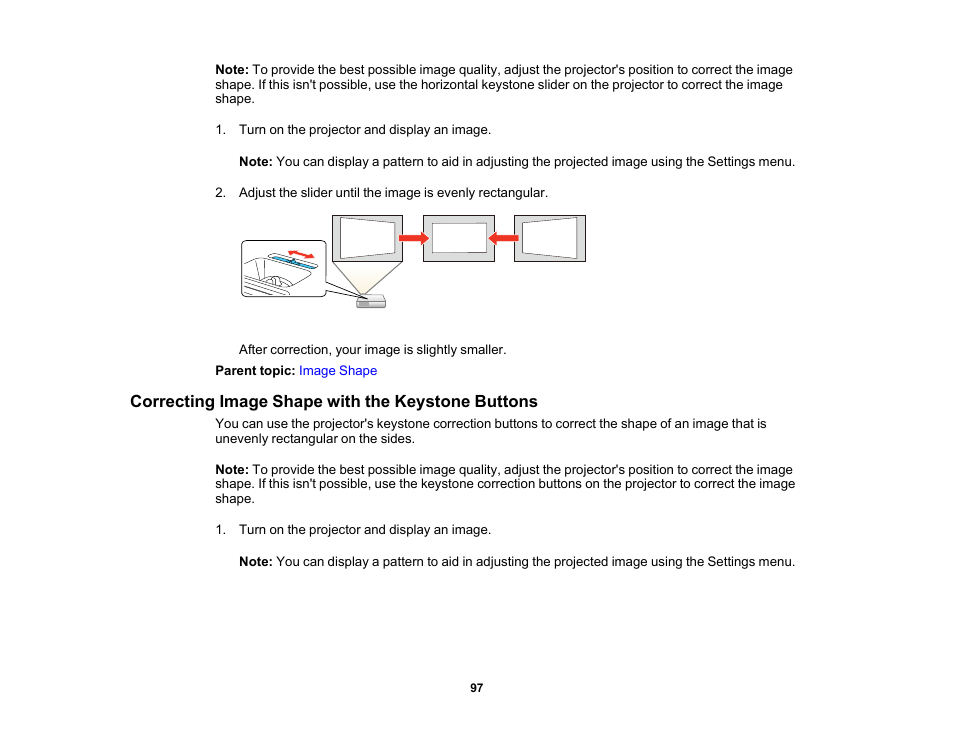 Correcting image shape with the keystone buttons | Epson PowerLite 1288 4000-Lumen Full HD 3LCD Projector with Wi-Fi User Manual | Page 97 / 234