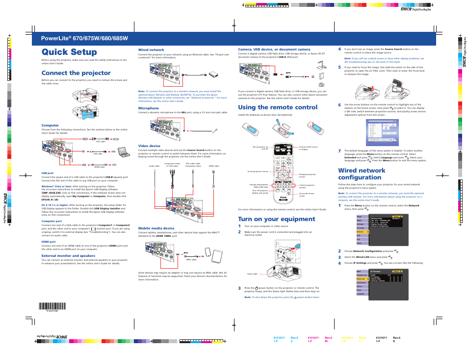 Using the remote control, Turn on your equipment, Wired networkconfiguration | Quick setup, Connect the projector, Wired network configuration, Powerlite | Epson PowerLite 685W 3500-Lumen WXGA Ultra-Short Throw 3LCD Projector User Manual | Page 2 / 4