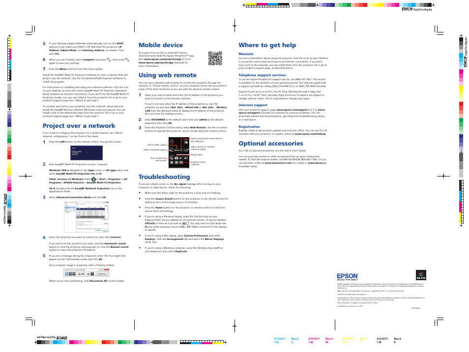 Where to get help, Optional accessories, Project over a network | Mobile device, Using web remote, Troubleshooting | Epson PowerLite 685W 3500-Lumen WXGA Ultra-Short Throw 3LCD Projector User Manual | Page 4 / 4