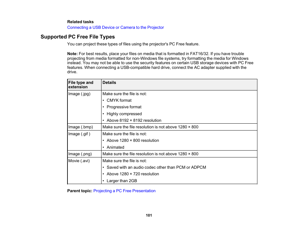 Supported pc free file types | Epson PowerLite 685W 3500-Lumen WXGA Ultra-Short Throw 3LCD Projector User Manual | Page 101 / 263