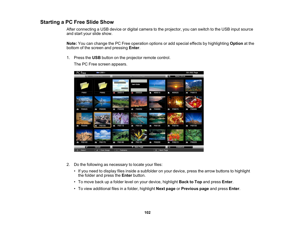 Starting a pc free slide show | Epson PowerLite 685W 3500-Lumen WXGA Ultra-Short Throw 3LCD Projector User Manual | Page 102 / 263