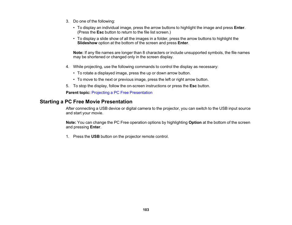 Starting a pc free movie presentation | Epson PowerLite 685W 3500-Lumen WXGA Ultra-Short Throw 3LCD Projector User Manual | Page 103 / 263