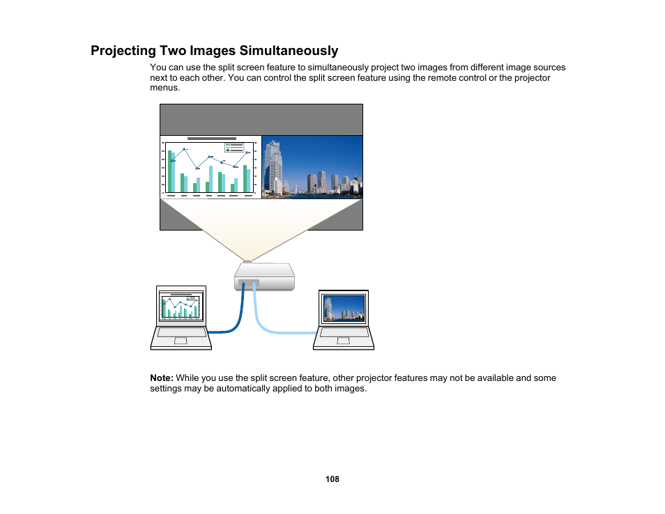 Projecting two images simultaneously | Epson PowerLite 685W 3500-Lumen WXGA Ultra-Short Throw 3LCD Projector User Manual | Page 108 / 263