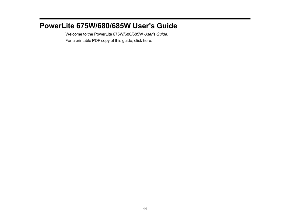 Powerlite 675w/680/685w user's guide | Epson PowerLite 685W 3500-Lumen WXGA Ultra-Short Throw 3LCD Projector User Manual | Page 11 / 263