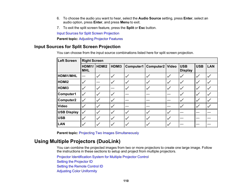 Input sources for split screen projection, Using multiple projectors (duolink) | Epson PowerLite 685W 3500-Lumen WXGA Ultra-Short Throw 3LCD Projector User Manual | Page 110 / 263