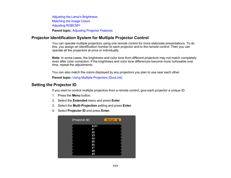 Setting the projector id | Epson PowerLite 685W 3500-Lumen WXGA Ultra-Short Throw 3LCD Projector User Manual | Page 111 / 263