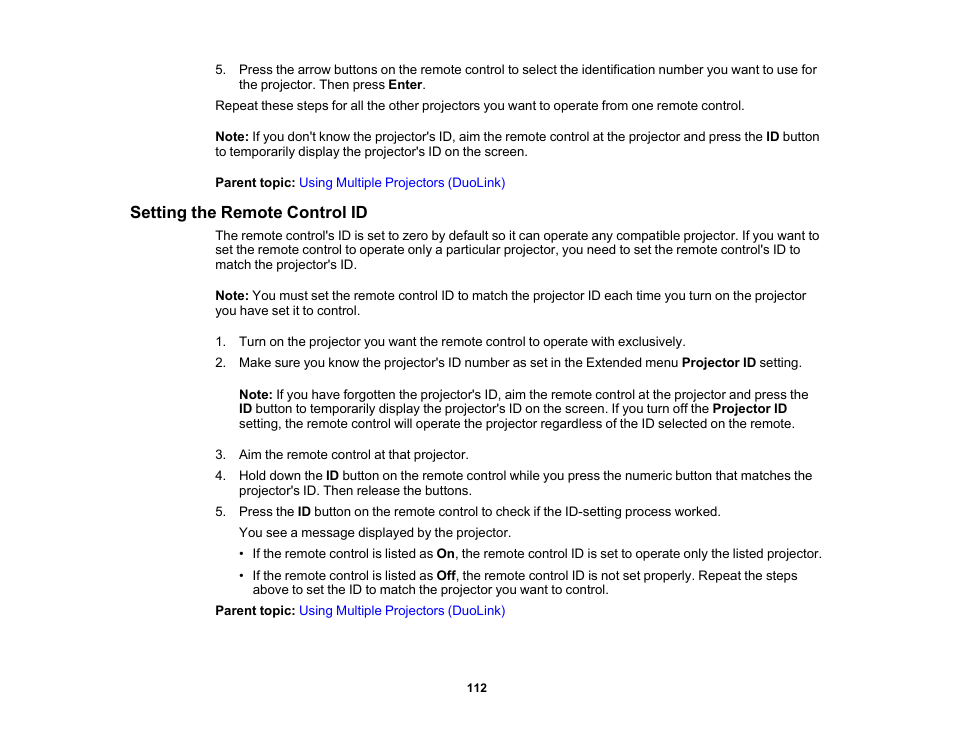 Setting the remote control id | Epson PowerLite 685W 3500-Lumen WXGA Ultra-Short Throw 3LCD Projector User Manual | Page 112 / 263