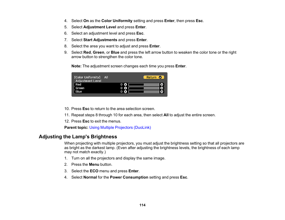 Adjusting the lamp's brightness | Epson PowerLite 685W 3500-Lumen WXGA Ultra-Short Throw 3LCD Projector User Manual | Page 114 / 263