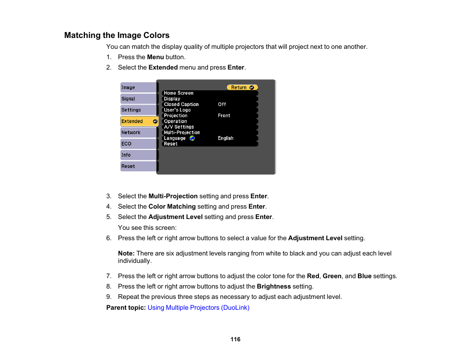 Matching the image colors | Epson PowerLite 685W 3500-Lumen WXGA Ultra-Short Throw 3LCD Projector User Manual | Page 116 / 263