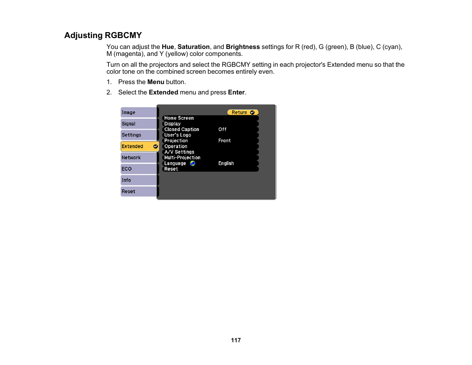 Adjusting rgbcmy | Epson PowerLite 685W 3500-Lumen WXGA Ultra-Short Throw 3LCD Projector User Manual | Page 117 / 263